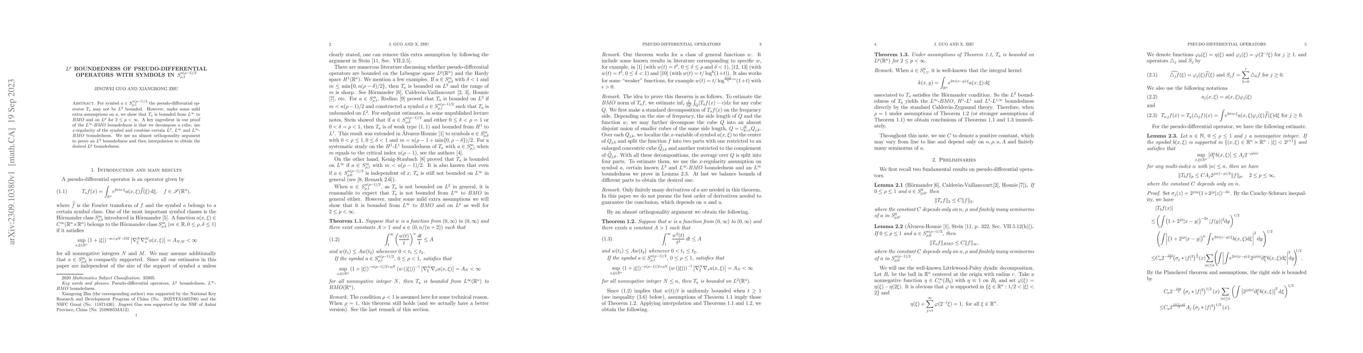 Thumbnail for $L^p$ boundedness of pseudo-differential operators with symbols in
  $S^{n(\rho-1)/2}_{\rho,1}$