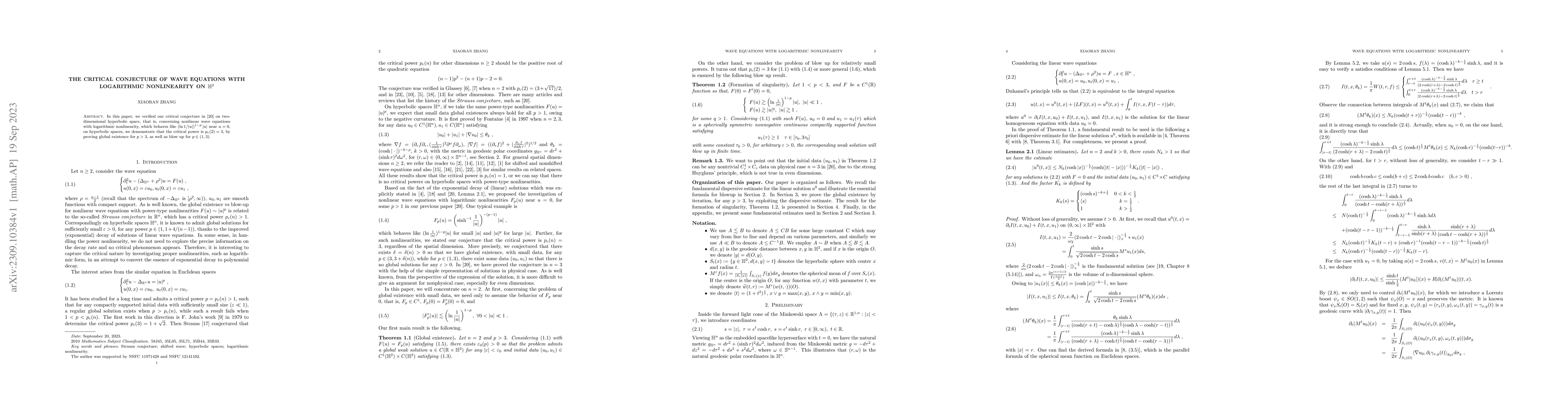 Thumbnail for The Critical Conjecture of Wave Equations with Logarithmic Nonlinearity
  on $\mathbb{H}^2$