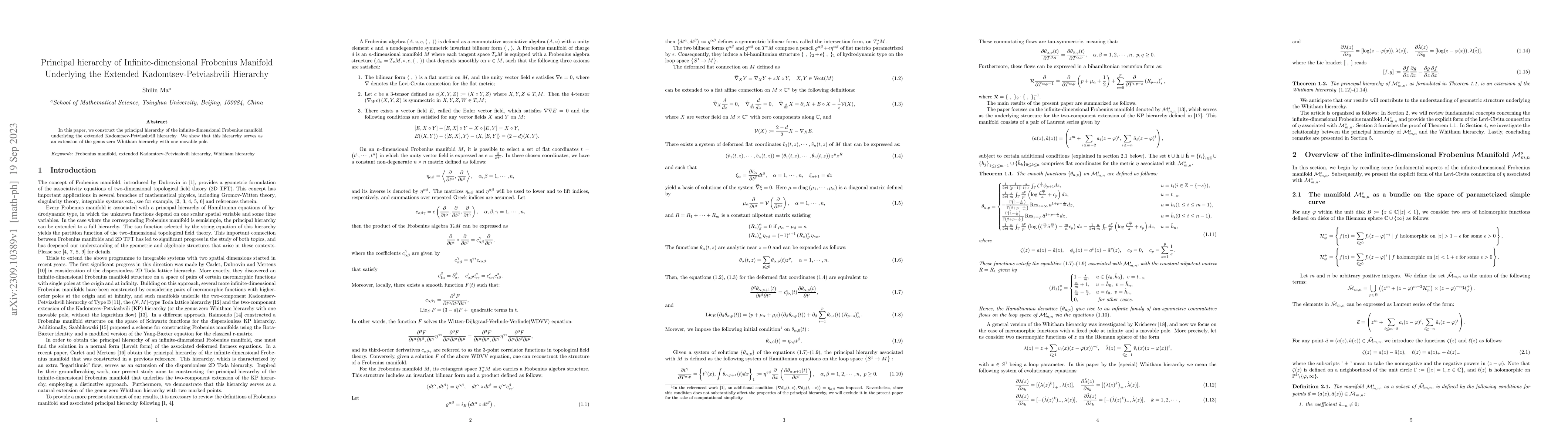 Thumbnail for Principal hierarchy of Infinite-dimensional Frobenius Manifold
  Underlying the Extended Kadomtsev-Petviashvili Hierarchy