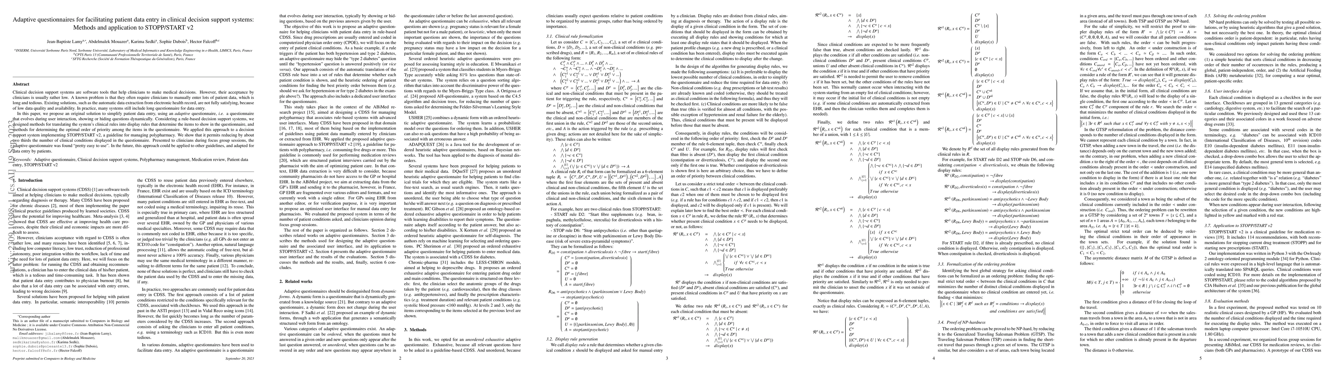 Thumbnail for Adaptive questionnaires for facilitating patient data entry in clinical
  decision support systems: Methods and application to STOPP/START v2