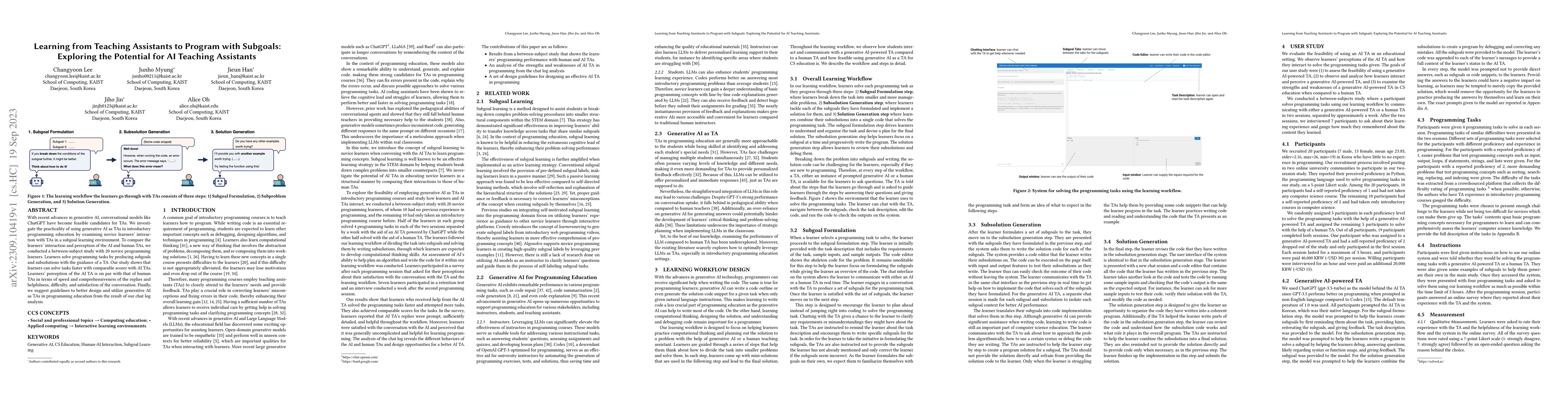 Thumbnail for Learning from Teaching Assistants to Program with Subgoals: Exploring
  the Potential for AI Teaching Assistants