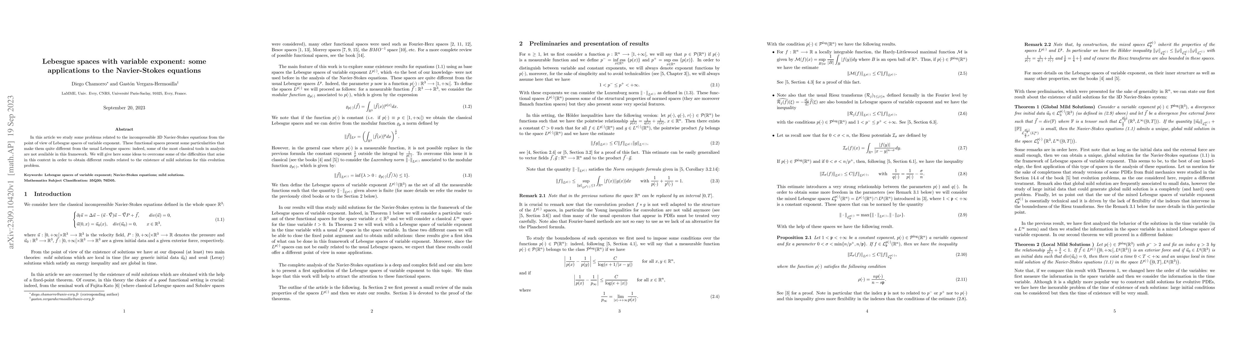 Thumbnail for Lebesgue spaces with variable exponent: some applications to the
  Navier-Stokes equations