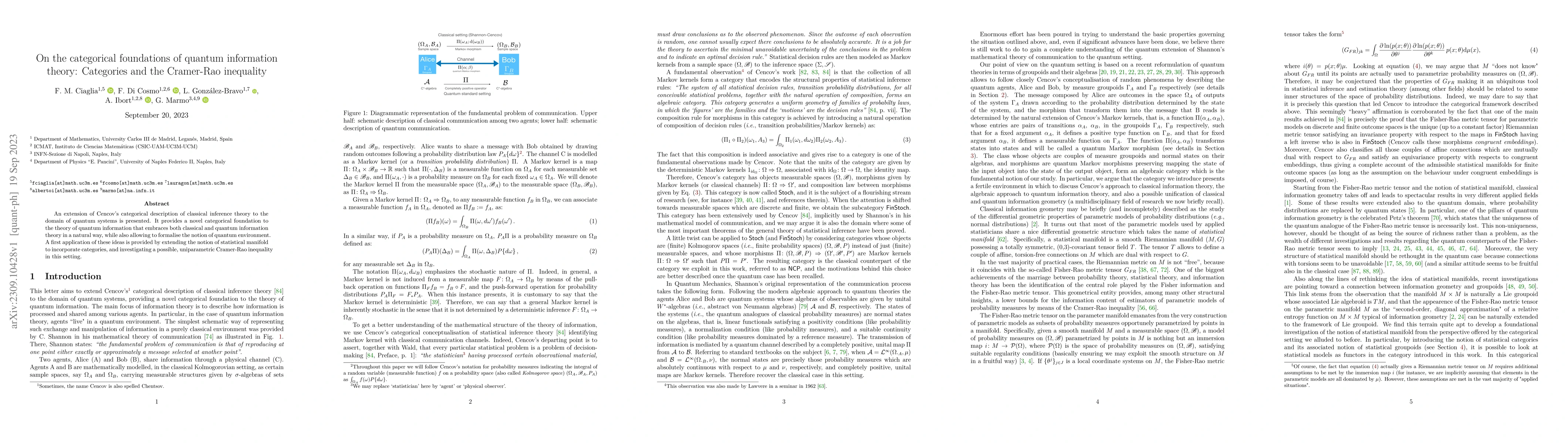 Thumbnail for On the categorical foundations of quantum information theory: Categories
  and the Cramer-Rao inequality