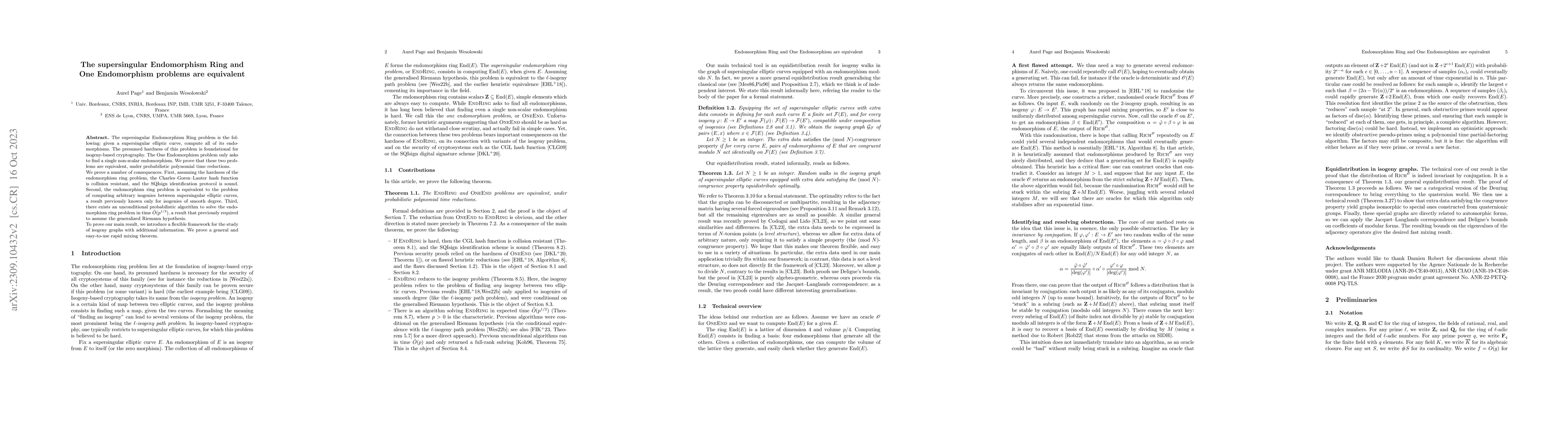 Thumbnail for The supersingular Endomorphism Ring and One Endomorphism problems are
  equivalent