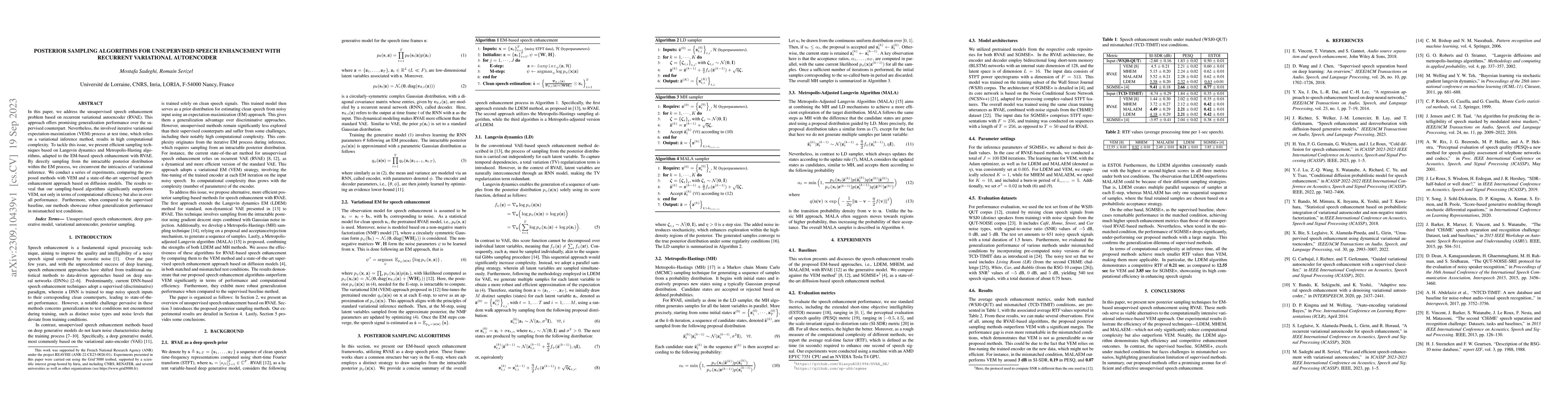 Thumbnail for Posterior sampling algorithms for unsupervised speech enhancement with
  recurrent variational autoencoder