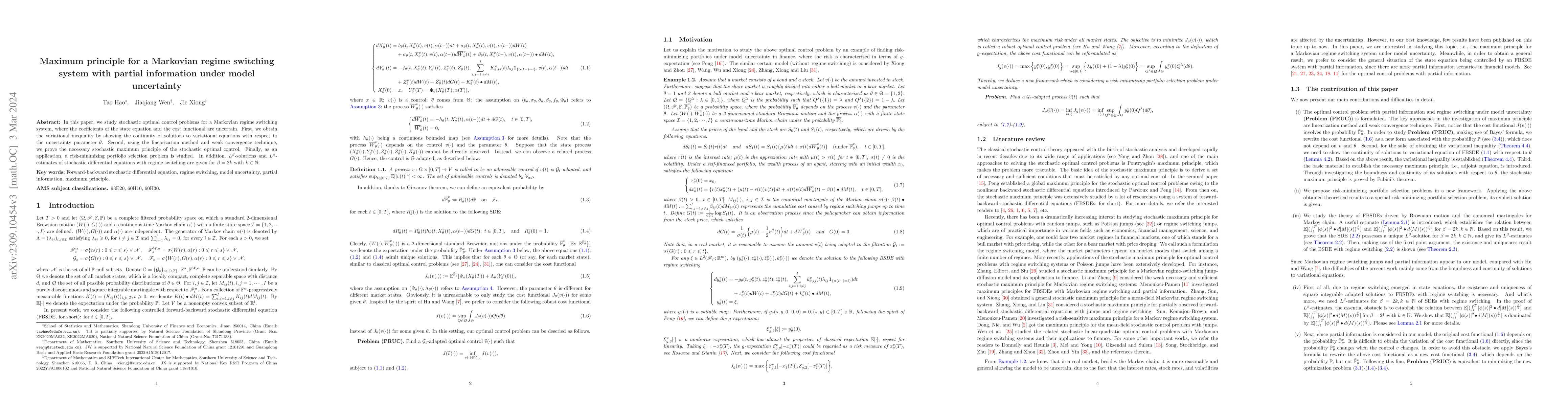 Thumbnail for Maximum principle for a Markovian regime switching system with partial
  information under model uncertainty