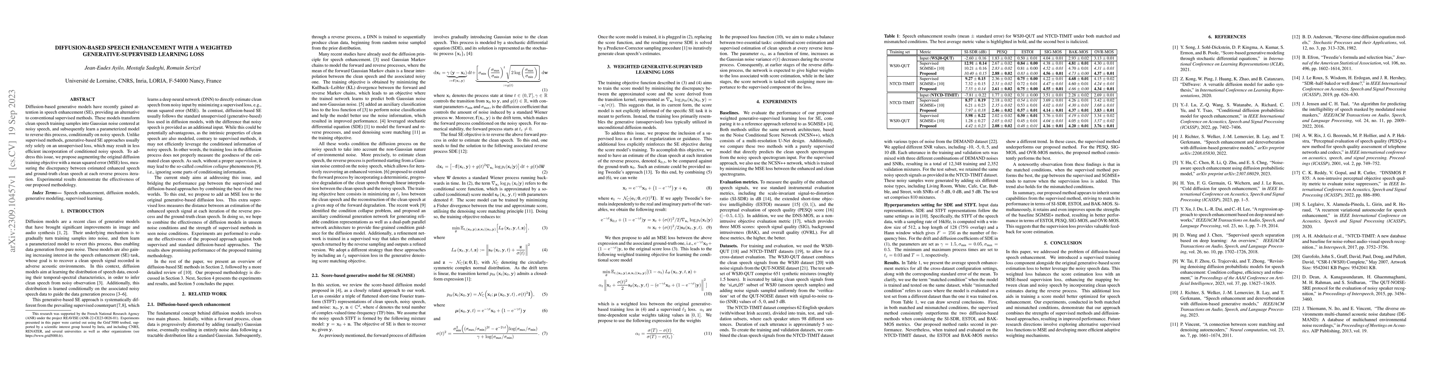 Thumbnail for Diffusion-based speech enhancement with a weighted generative-supervised
  learning loss