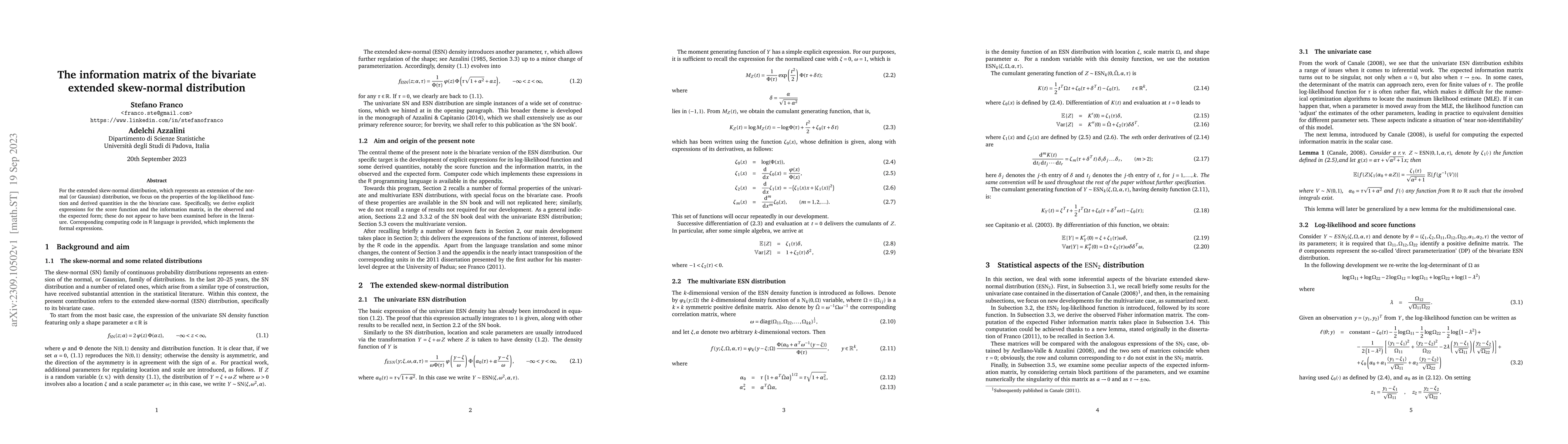 Thumbnail for The information matrix of the bivariate extended skew-normal
  distribution
