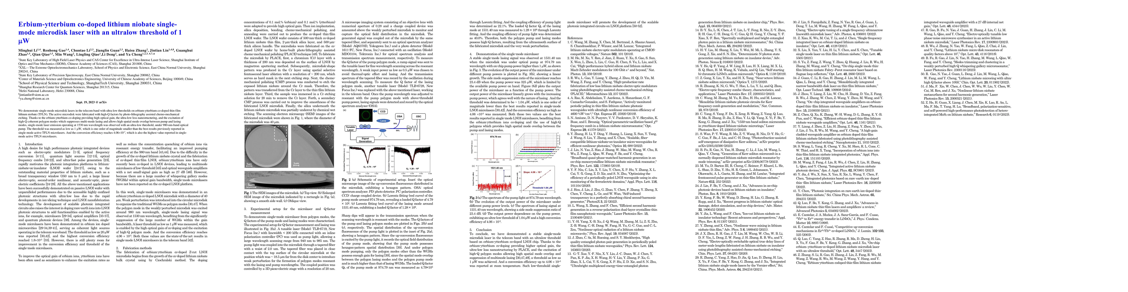 Thumbnail for Erbium-ytterbium co-doped lithium niobate single-mode microdisk laser
  with an ultralow threshold of 1 uW