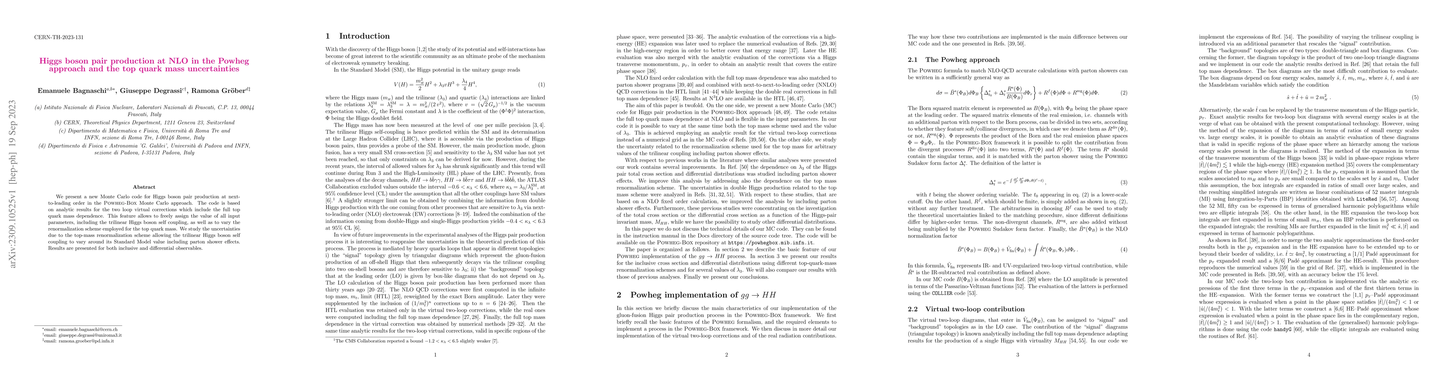 Thumbnail for Higgs boson pair production at NLO in the POWHEG approach and the top
  quark mass uncertainties