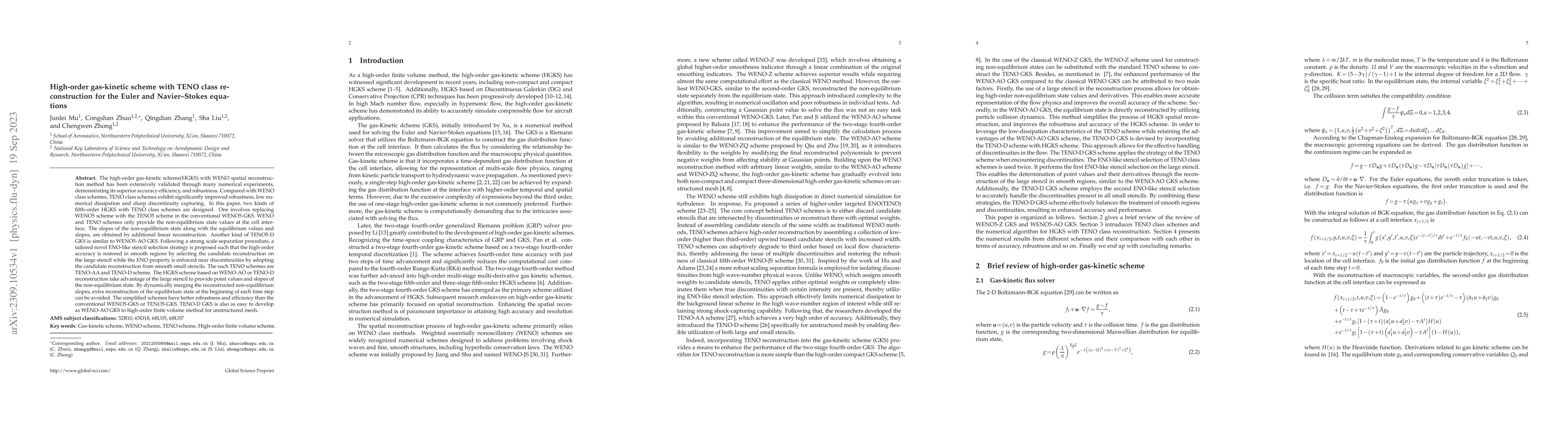 Thumbnail for High-order gas-kinetic scheme with TENO class reconstruction for the
  Euler and Navier-Stokes equations
