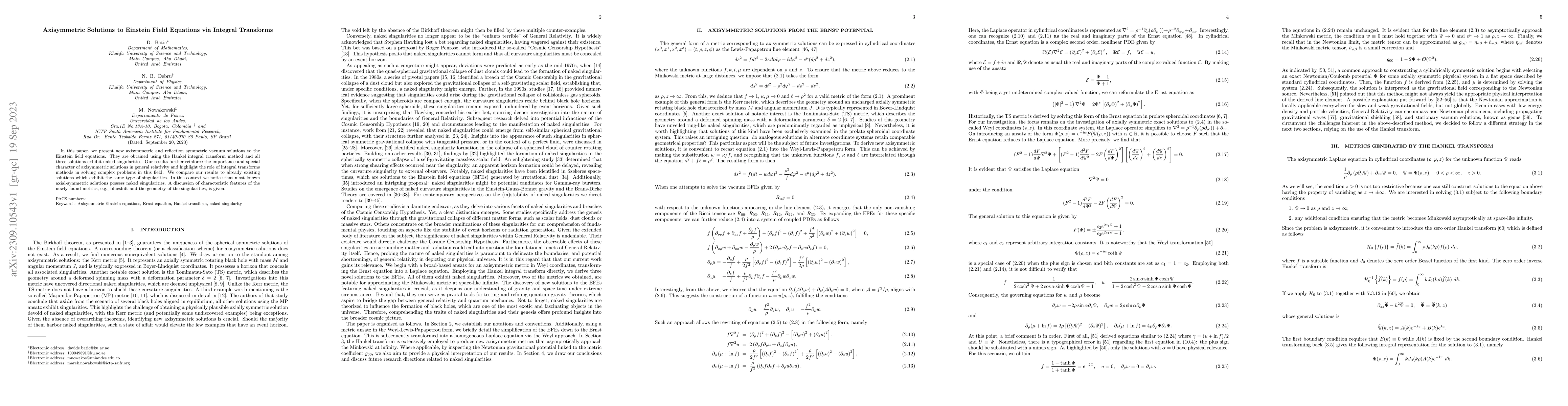 Thumbnail for Axisymmetric Solutions to Einstein Field Equations via Integral
  Transforms