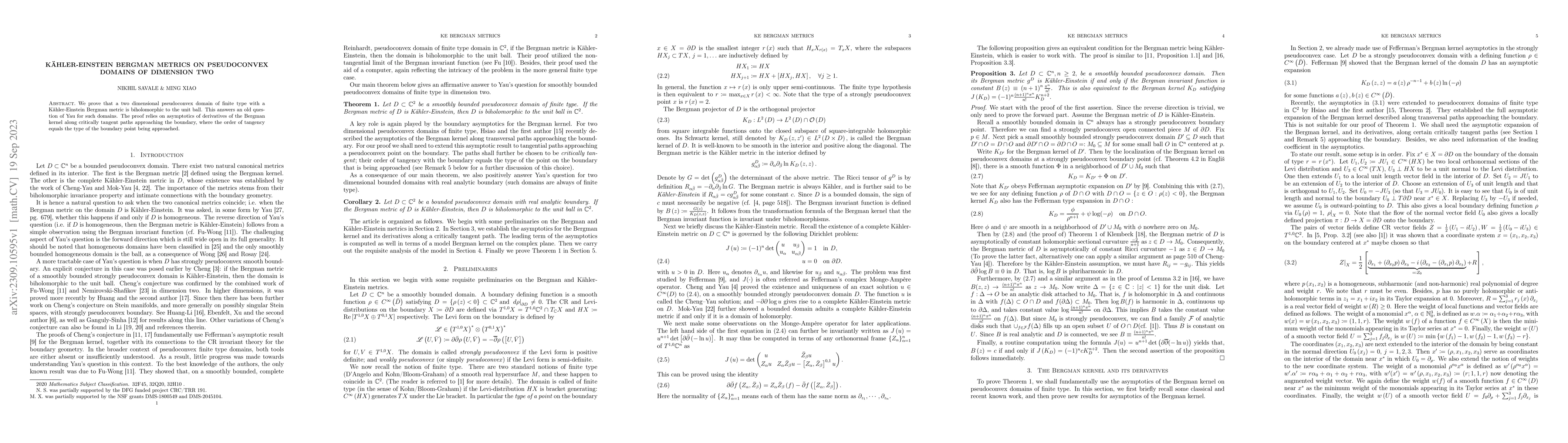 Thumbnail for K\"ahler-Einstein Bergman metrics on pseudoconvex domains of dimension
  two