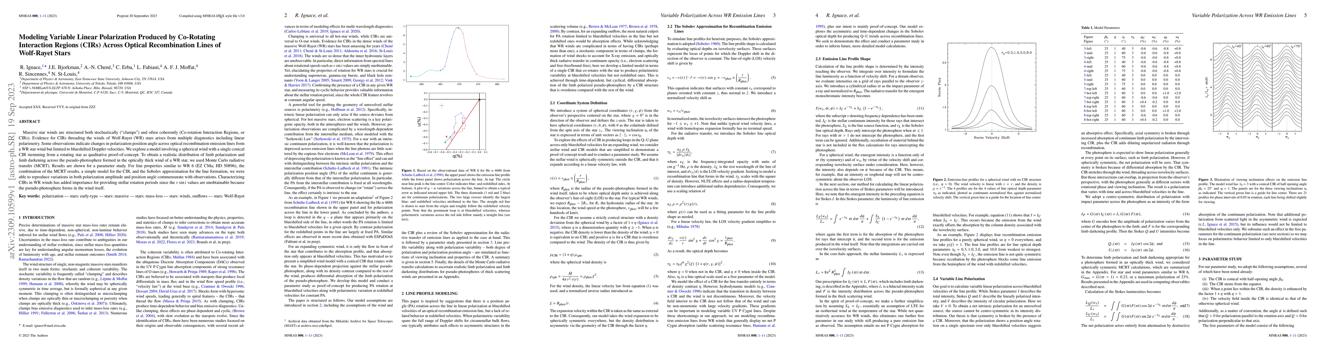 Thumbnail for Modeling Variable Linear Polarization Produced by Co-Rotating
  Interaction Regions (CIRs) Across Optical Recombination Lines of Wolf-Rayet
  Stars