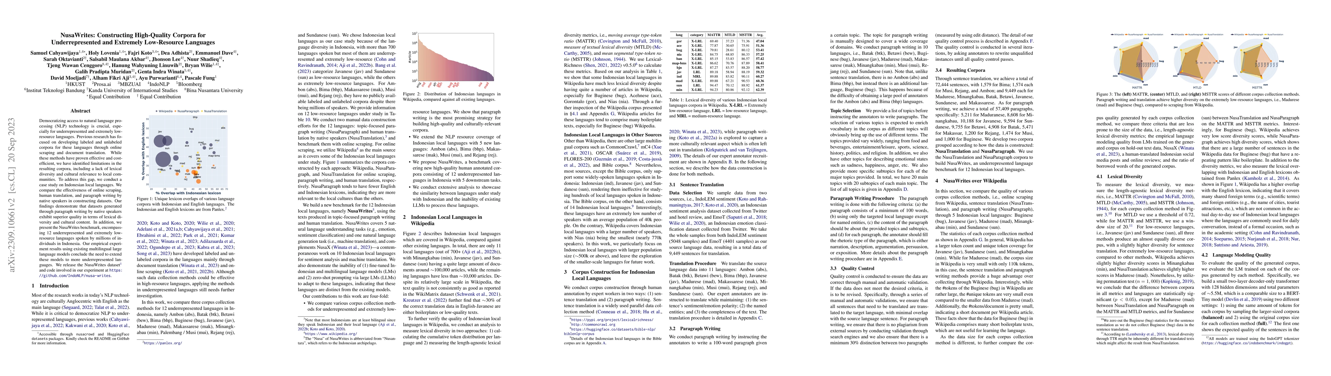 Thumbnail for NusaWrites: Constructing High-Quality Corpora for Underrepresented and
  Extremely Low-Resource Languages