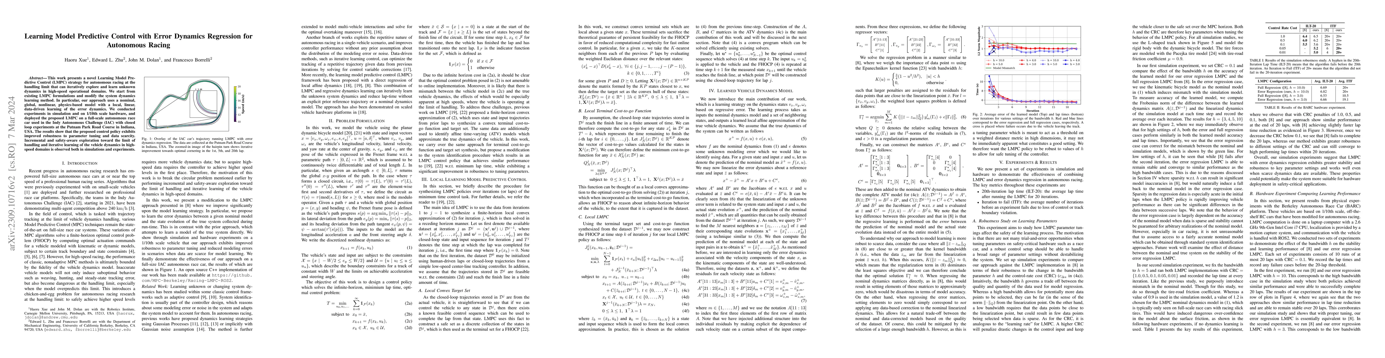 Thumbnail for Learning Model Predictive Control with Error Dynamics Regression for
  Autonomous Racing