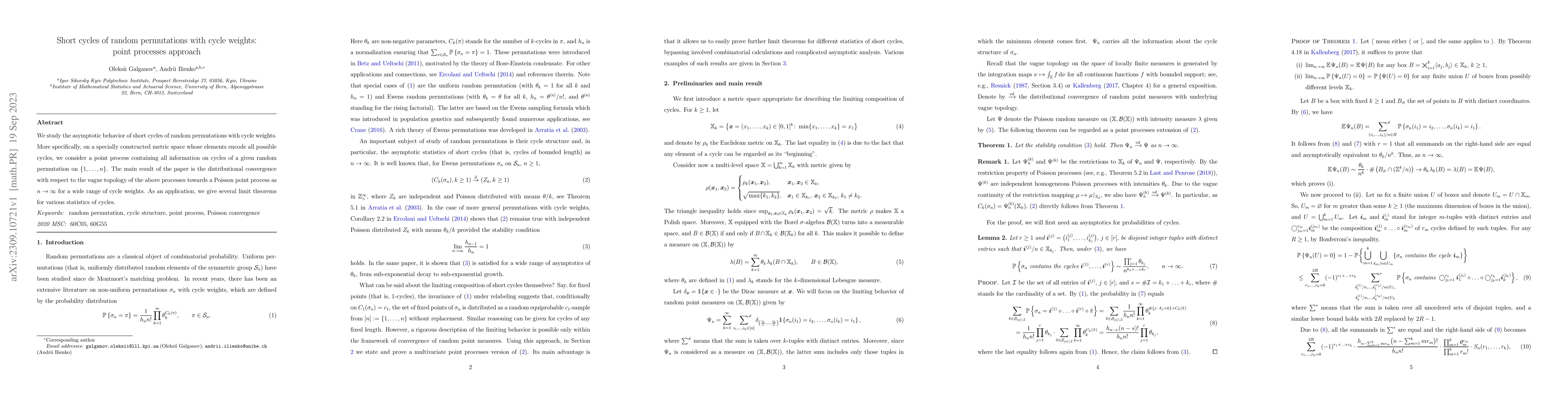 Thumbnail for Short cycles of random permutations with cycle weights: point processes
  approach