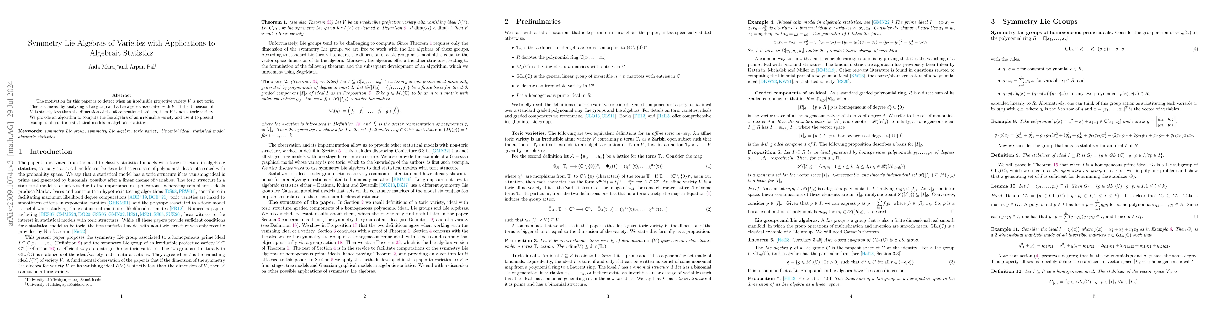 Thumbnail for Symmetry Lie Algebras of Varieties with Applications to Algebraic
  Statistics