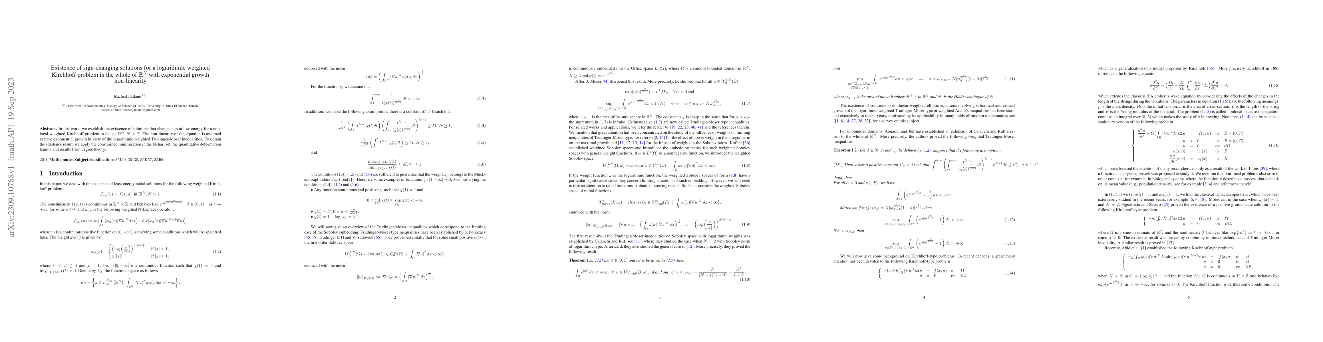 Thumbnail for Existence of sign-changing solutions for a logarithmic weighted
  Kirchhoff problem in the whole of $\mathbb{R}^{N}$ with exponential growth
  non-linearity