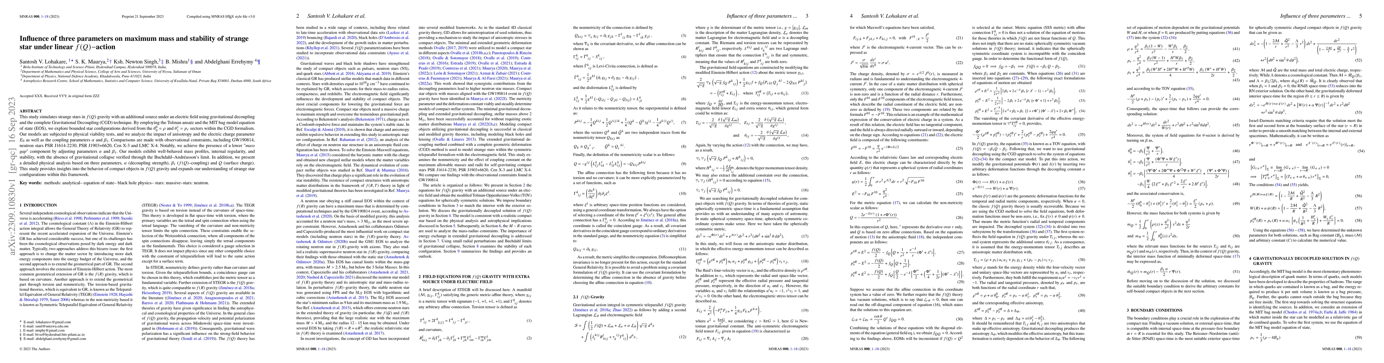 Thumbnail for Influence of three parameters on maximum mass and stability of strange
  star under linear $f(Q)-$action