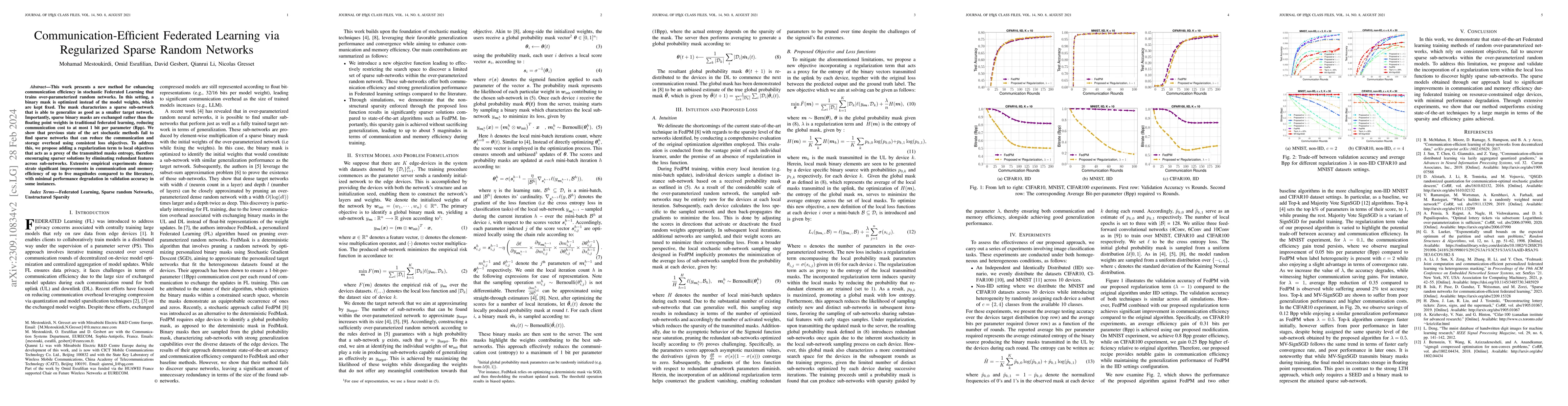 Thumbnail for Communication-Efficient Federated Learning via Regularized Sparse Random
  Networks