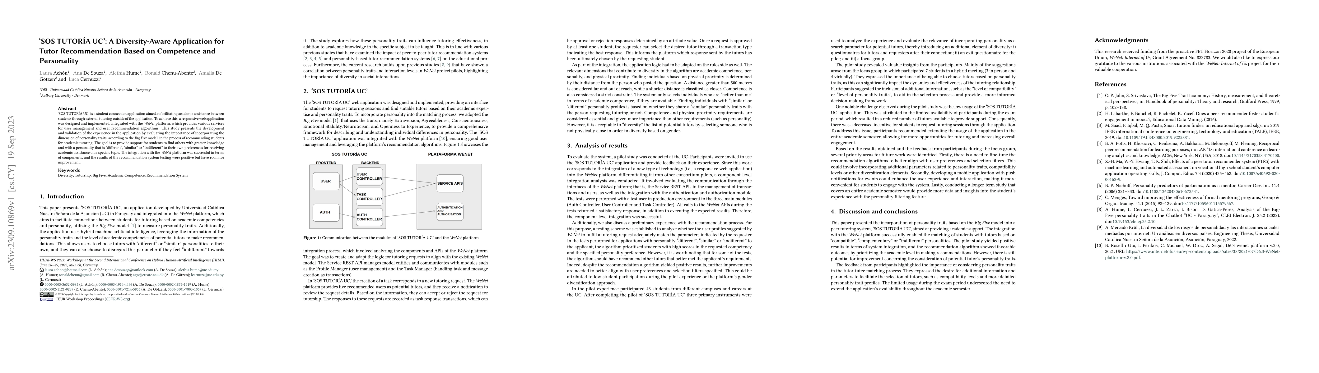 Thumbnail for SOS TUTORIA UC: A Diversity-Aware Application for Tutor Recommendation
  Based on Competence and Personality