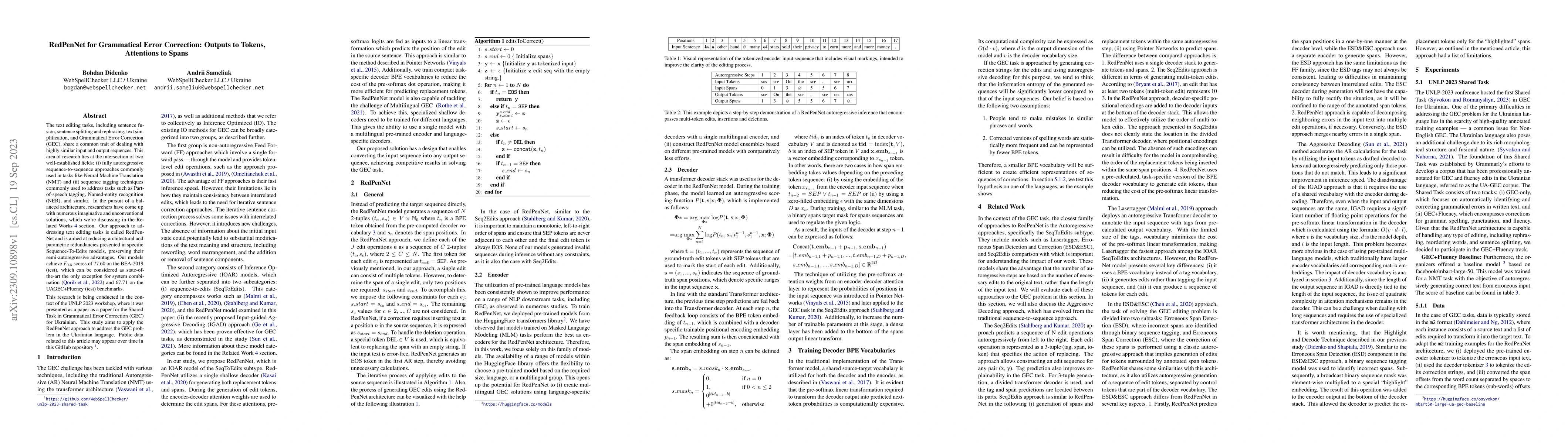 Thumbnail for RedPenNet for Grammatical Error Correction: Outputs to Tokens,
  Attentions to Spans