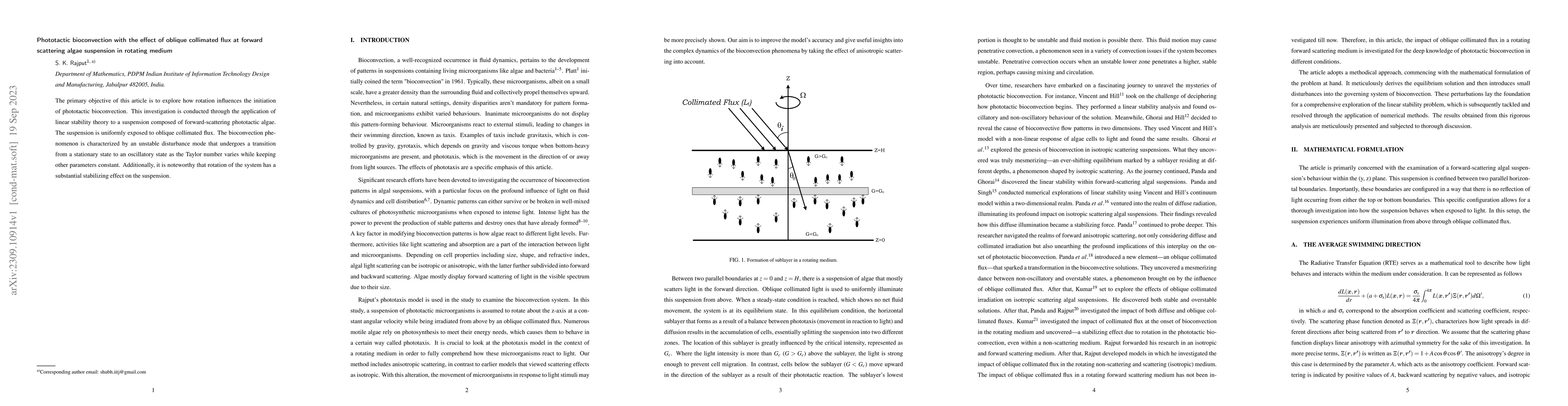Thumbnail for Phototactic bioconvection with the effect of oblique collimated flux at
  forward scattering algae suspension in rotating medium