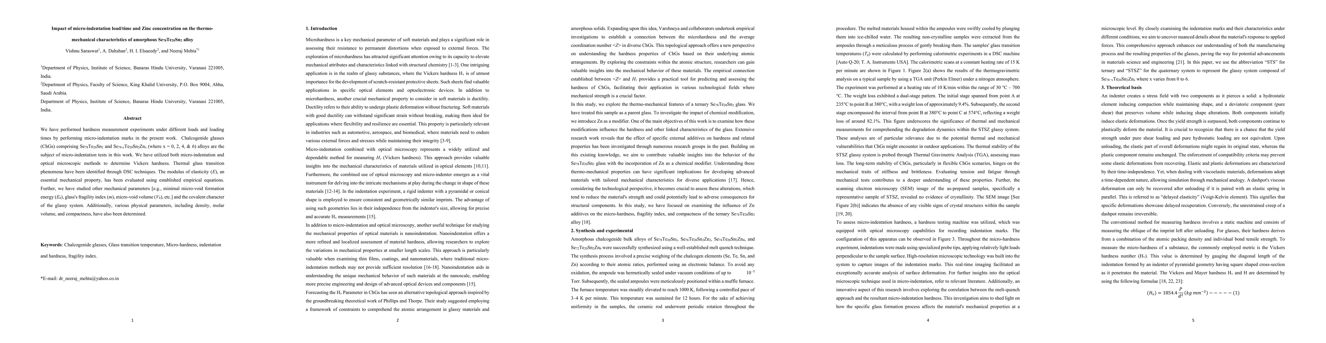 Thumbnail for Impact of micro-indentation load/time and Zinc concentration on the
  thermo-mechanical characteristics of amorphous Se$_{78}$Te$_{20}$Sn$_2$ alloy