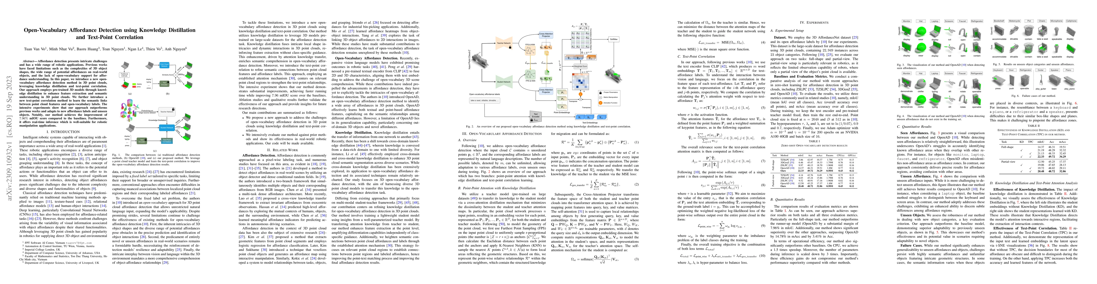 Thumbnail for Open-Vocabulary Affordance Detection using Knowledge Distillation and
  Text-Point Correlation