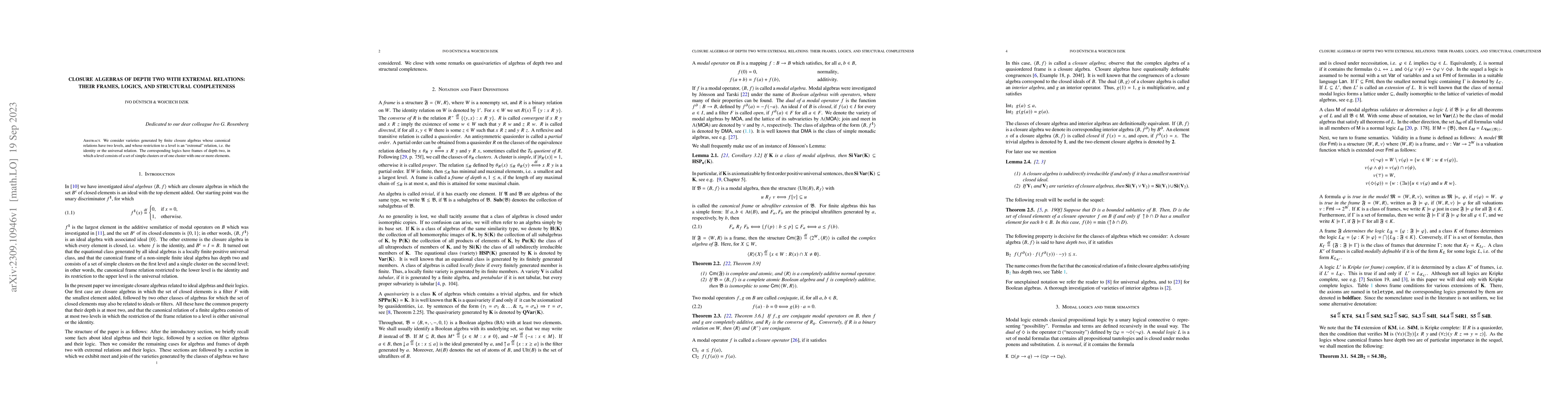 Thumbnail for Closure algebras of depth two with extremal relations: Their frames,
  logics, and structural completeness