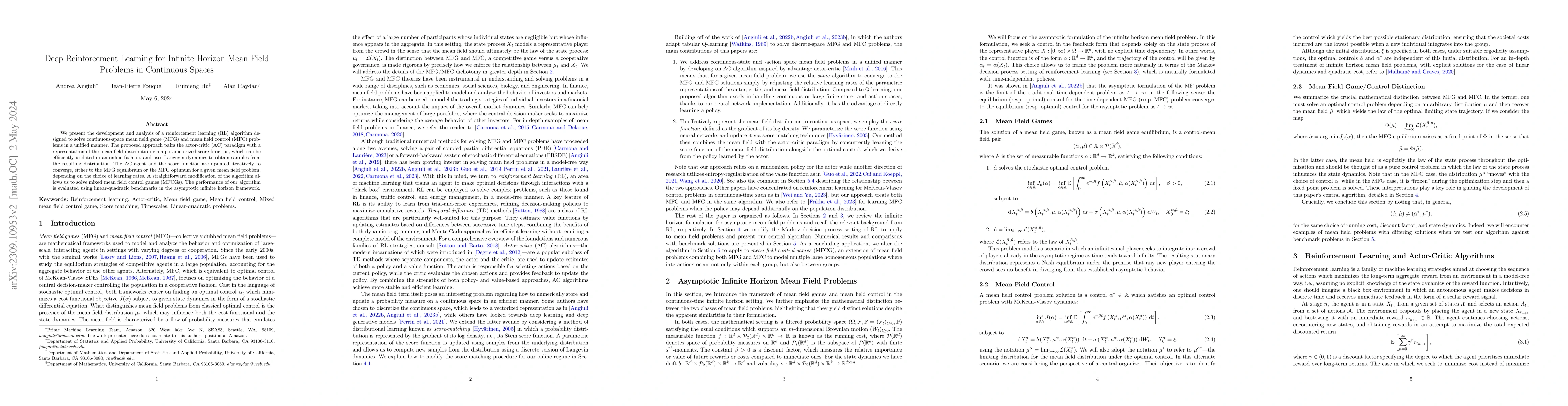 Thumbnail for Deep Reinforcement Learning for Infinite Horizon Mean Field Problems in
  Continuous Spaces
