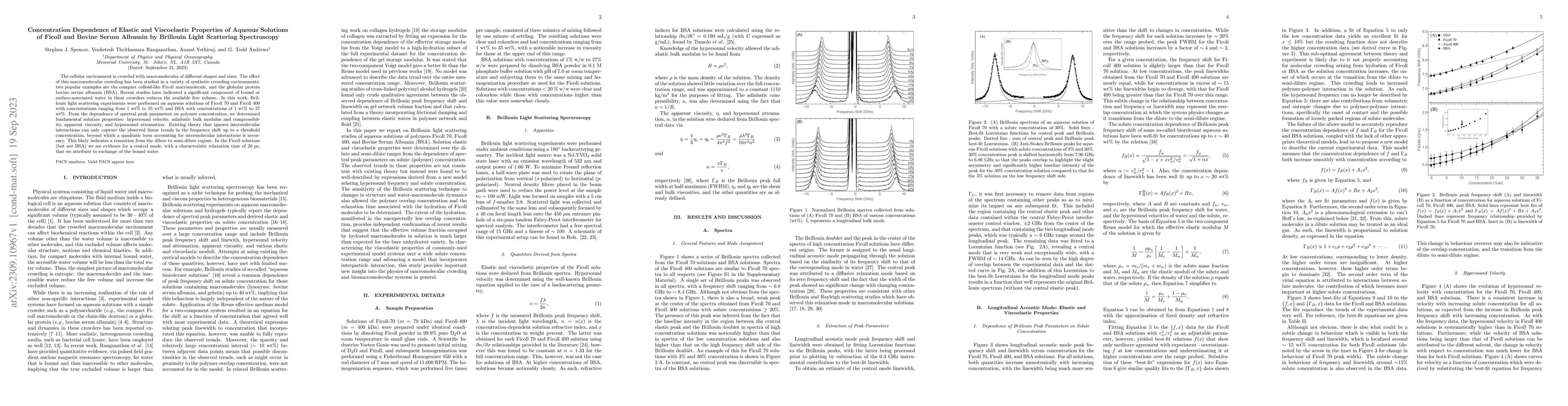 Thumbnail for Concentration Dependence of Elastic and Viscoelastic Properties of
  Aqueous Solutions of Ficoll and Bovine Serum Albumin by Brillouin Light
  Scattering Spectroscopy