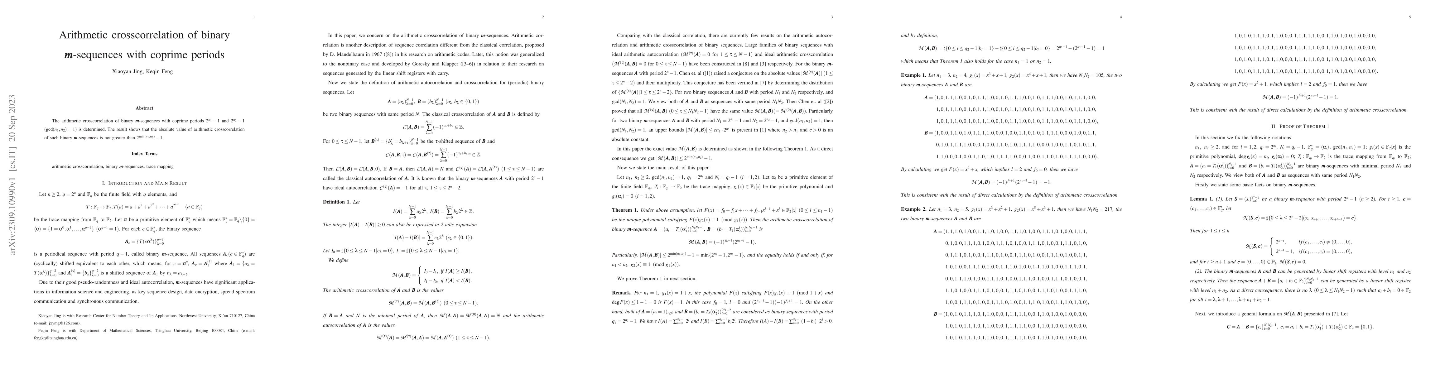 Thumbnail for Arithmetic crosscorrelation of binary $m$-sequences with coprime periods