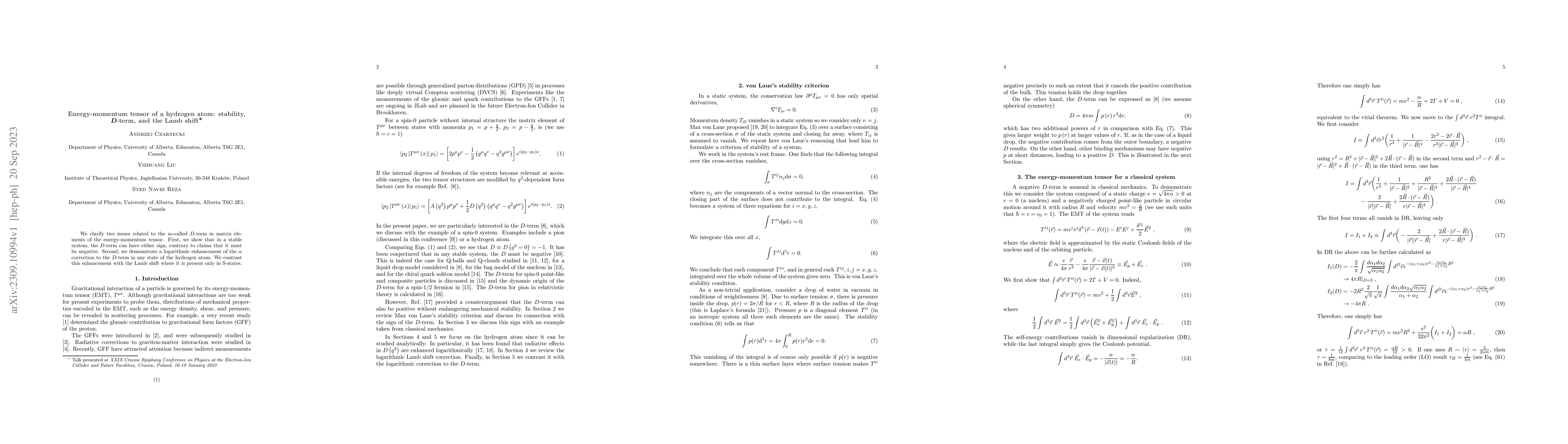 Thumbnail for Energy-momentum tensor of a hydrogen atom: stability, D-term, and the
  Lamb shift