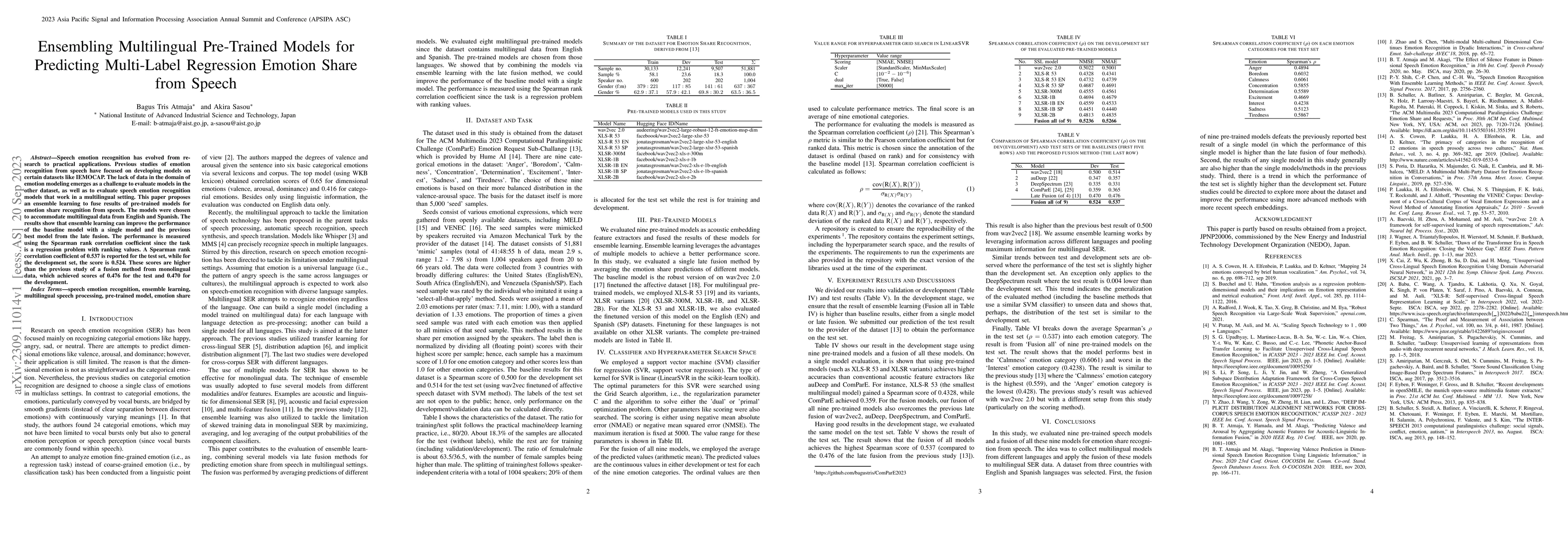 Thumbnail for Ensembling Multilingual Pre-Trained Models for Predicting Multi-Label
  Regression Emotion Share from Speech