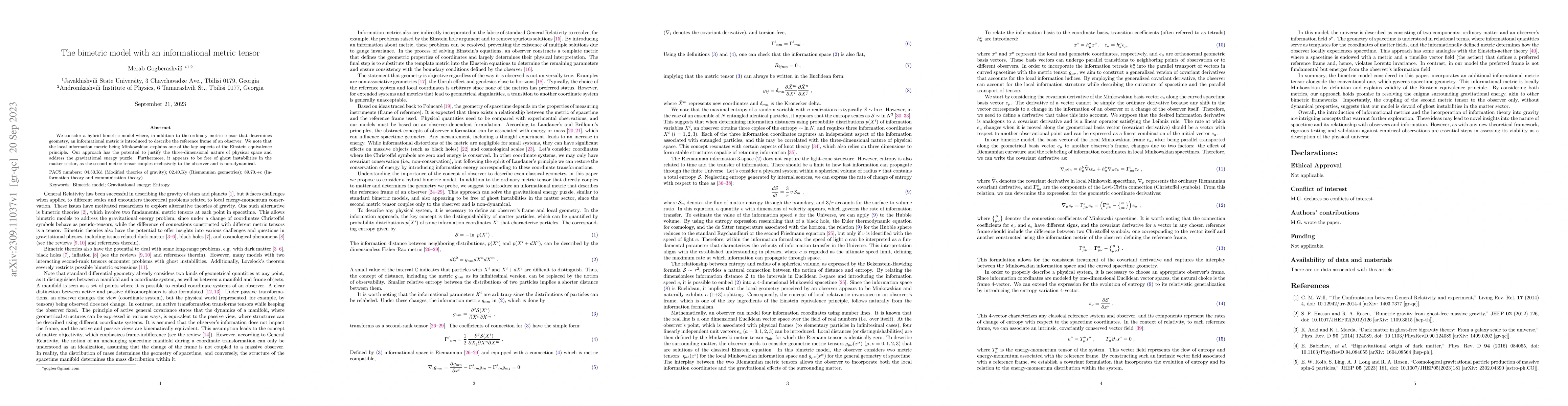 Thumbnail for The bimetric model with an informational metric tensor