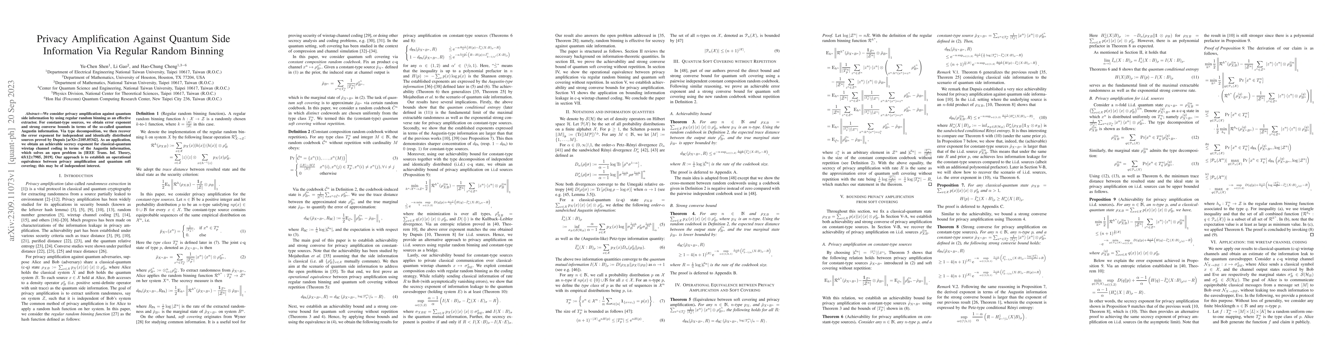 Thumbnail for Privacy Amplification Against Quantum Side Information Via Regular
  Random Binning