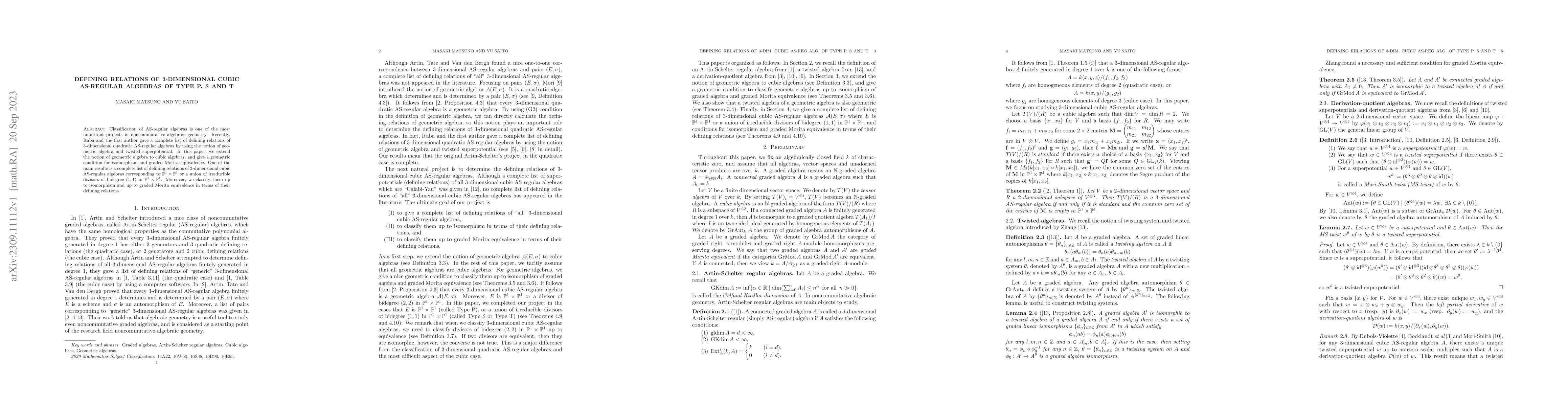 Thumbnail for Defining relations of 3-dimensional cubic AS-regular algebras of Type P,
  S and T