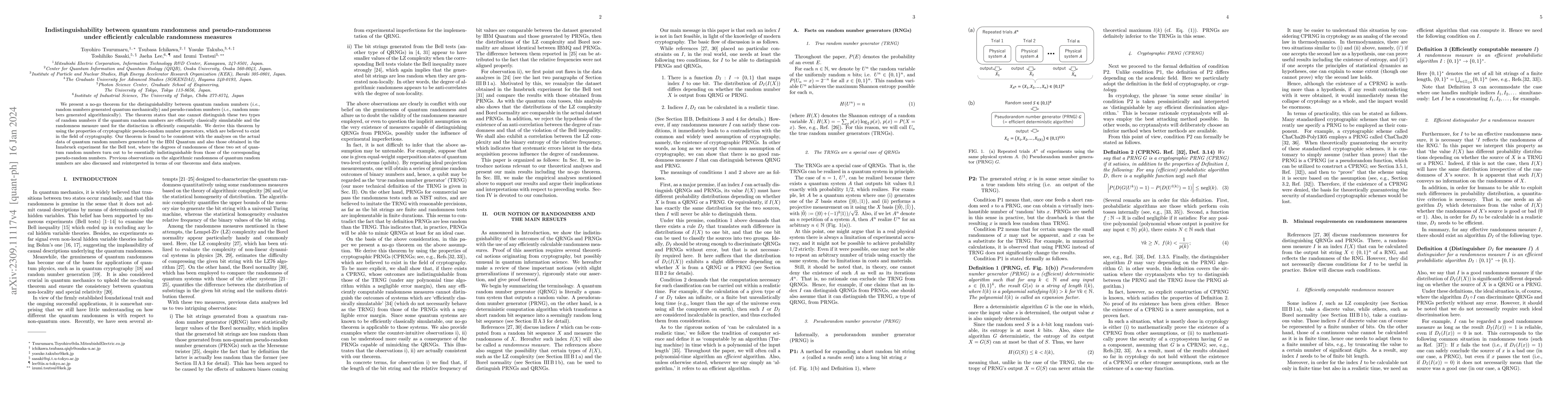 Thumbnail for Indistinguishability between quantum randomness and pseudo-randomness
  under efficiently calculable randomness measures