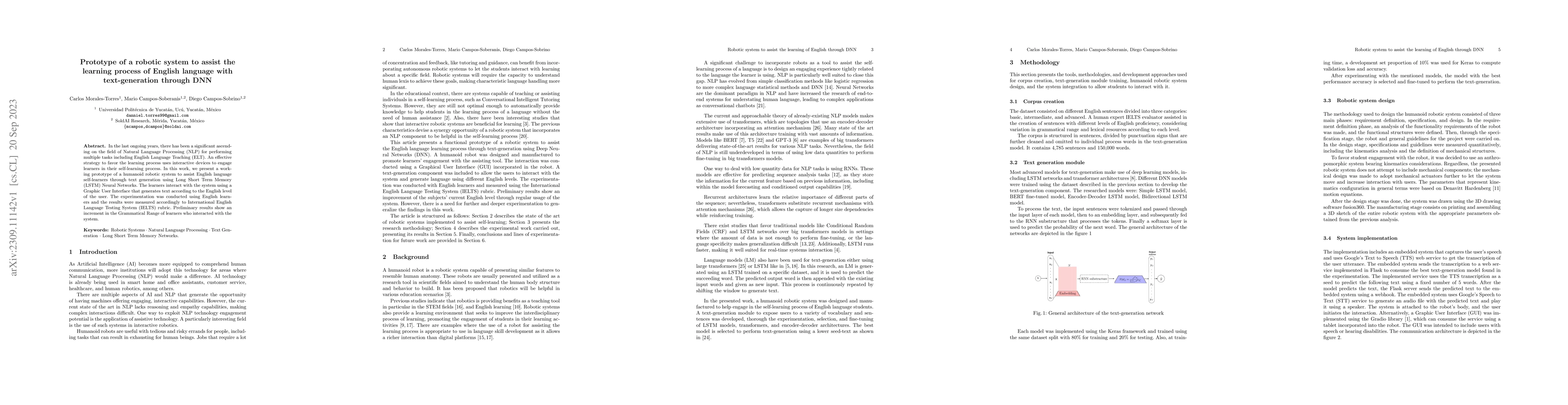 Thumbnail for Prototype of a robotic system to assist the learning process of English
  language with text-generation through DNN