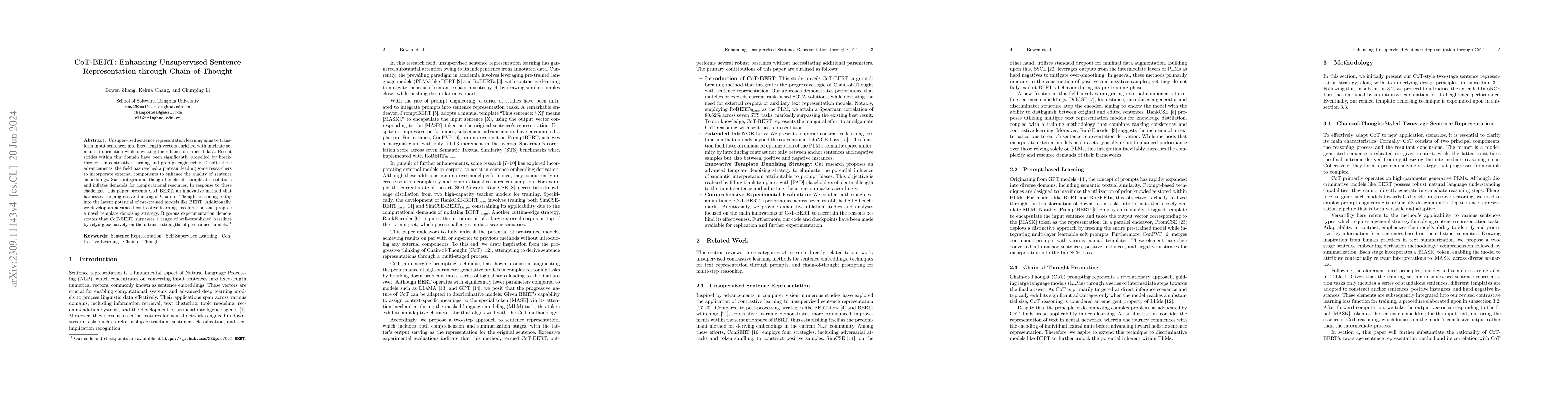 Thumbnail for CoT-BERT: Enhancing Unsupervised Sentence Representation through
  Chain-of-Thought