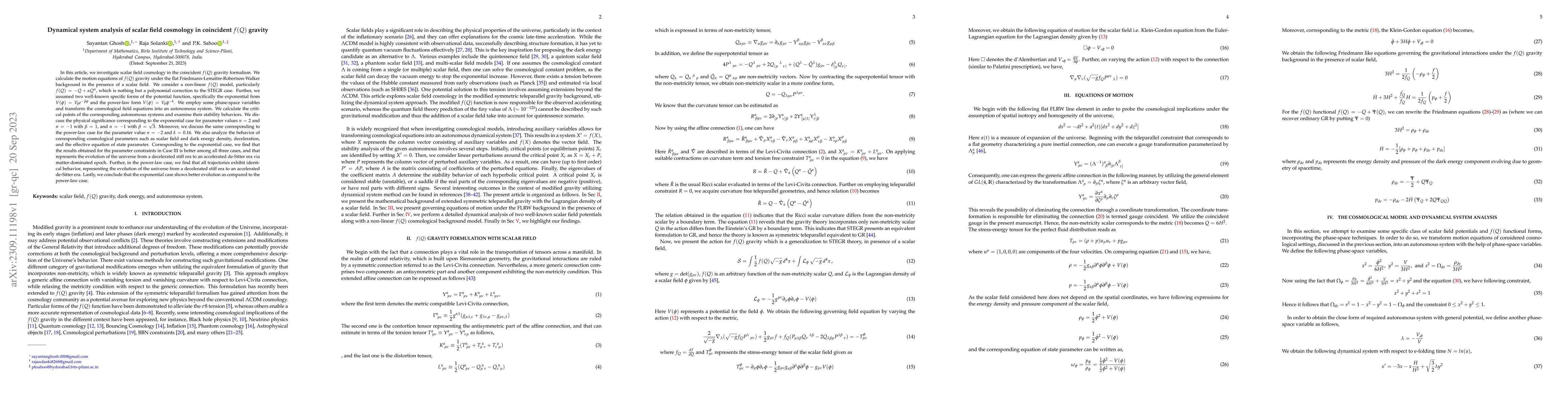 Thumbnail for Dynamical system analysis of scalar field cosmology in coincident $f(Q)$
  gravity