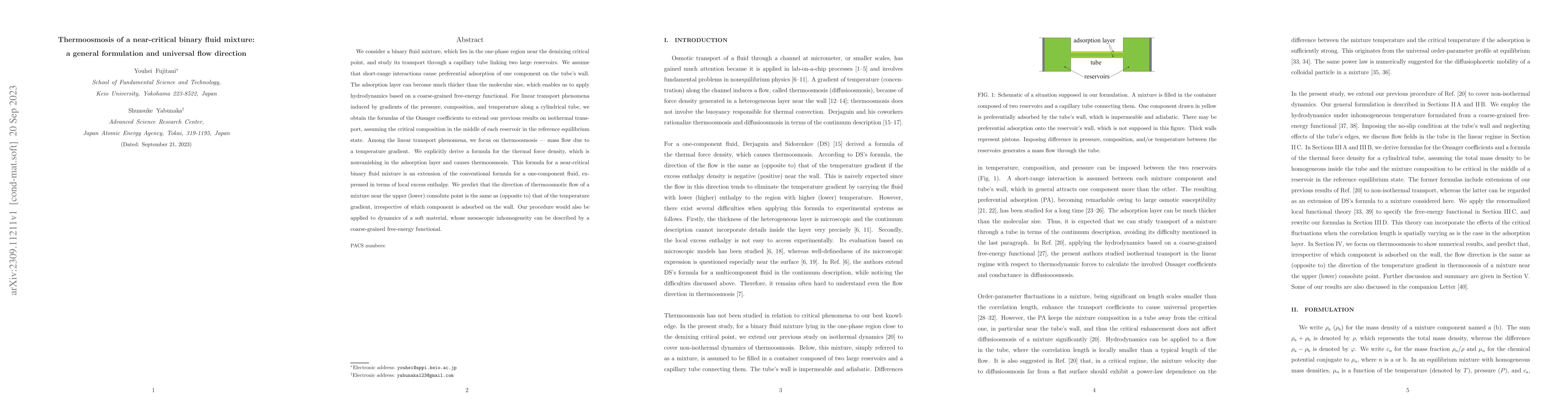 Thumbnail for Thermoosmosis of a near-critical binary fluid mixture: a general
  formulation and universal flow direction