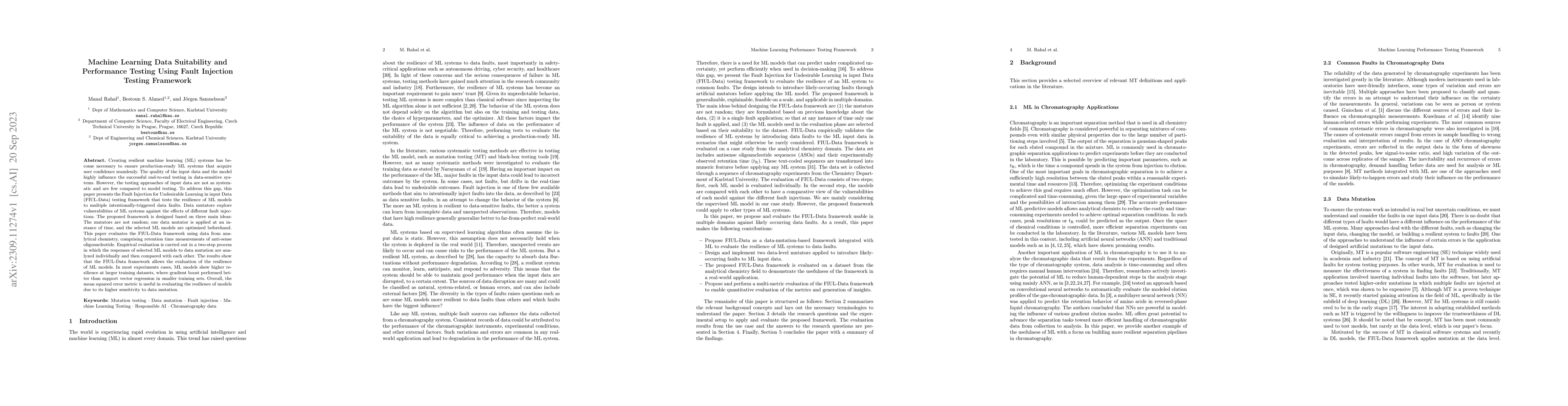 Thumbnail for Machine Learning Data Suitability and Performance Testing Using Fault
  Injection Testing Framework
