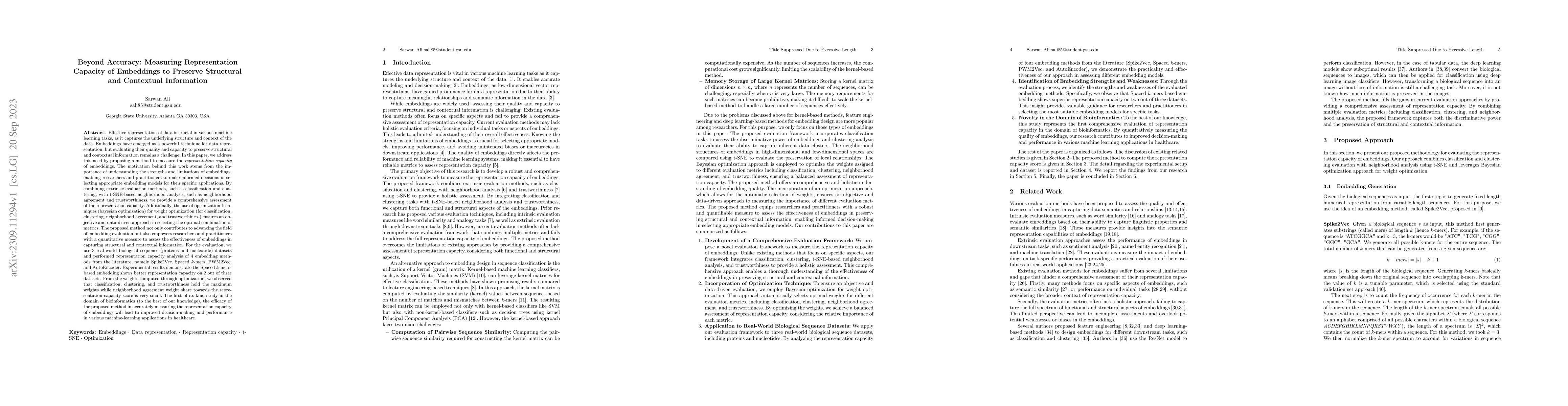 Thumbnail for Beyond Accuracy: Measuring Representation Capacity of Embeddings to
  Preserve Structural and Contextual Information