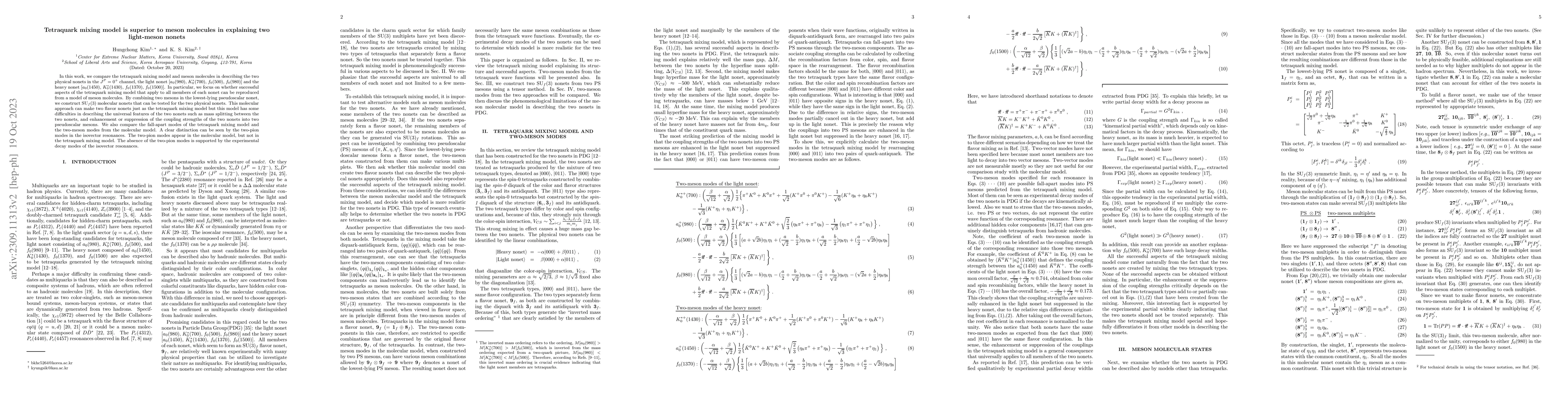 Thumbnail for Tetraquark mixing model is superior to meson molecules in explaining two
  light-meson nonets