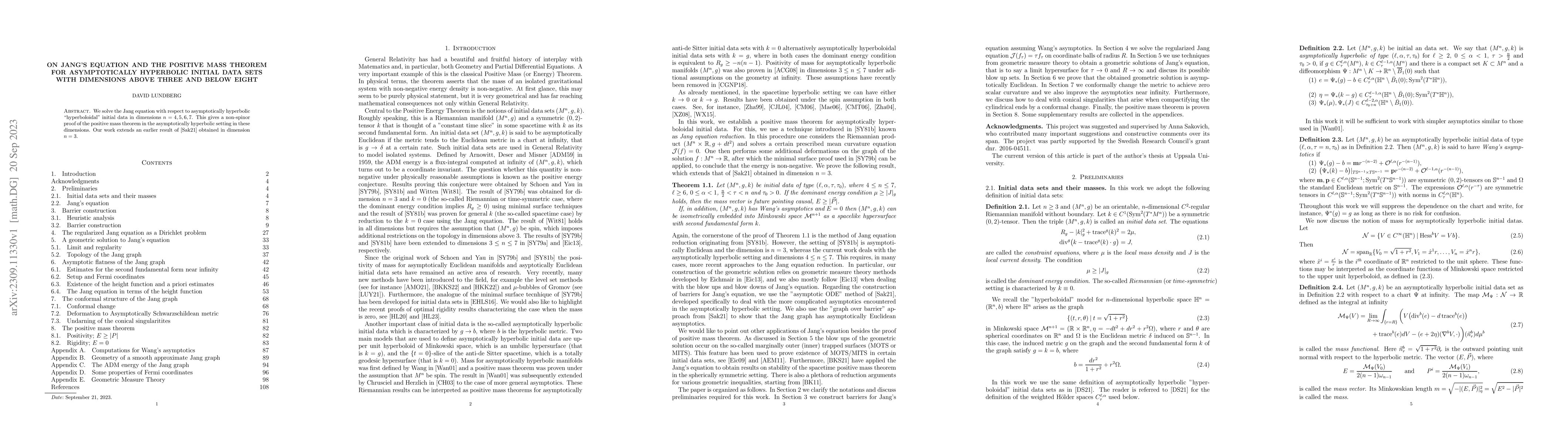 Thumbnail for On Jang's equation and the Positive Mass Theorem for asymptotically
  hyperbolic initial data sets with dimensions above three and below eight