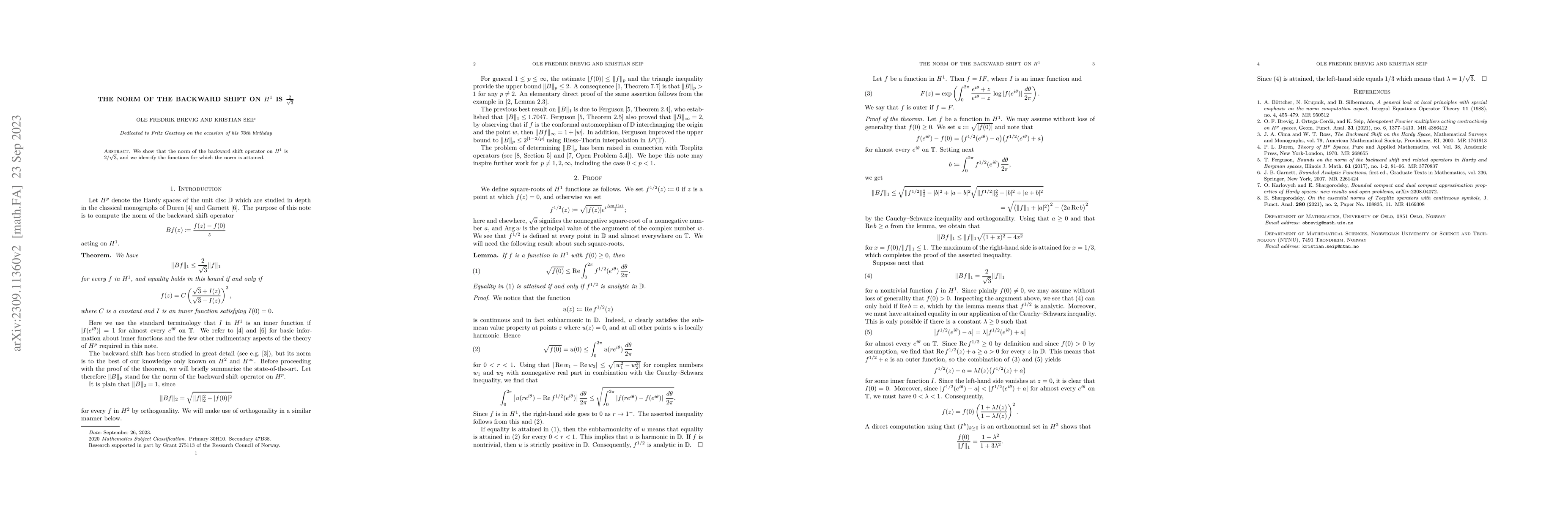 Thumbnail for The norm of the backward shift on $H^1$ is $\frac{2}{\sqrt{3}}$