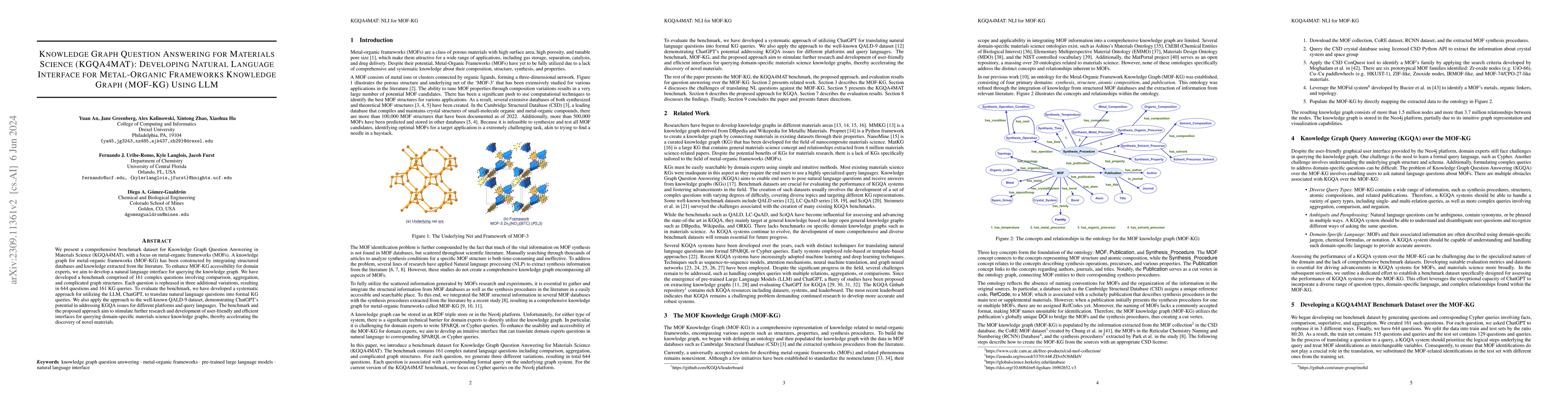 Thumbnail for Knowledge Graph Question Answering for Materials Science (KGQA4MAT):
  Developing Natural Language Interface for Metal-Organic Frameworks Knowledge
  Graph (MOF-KG) Using LLM